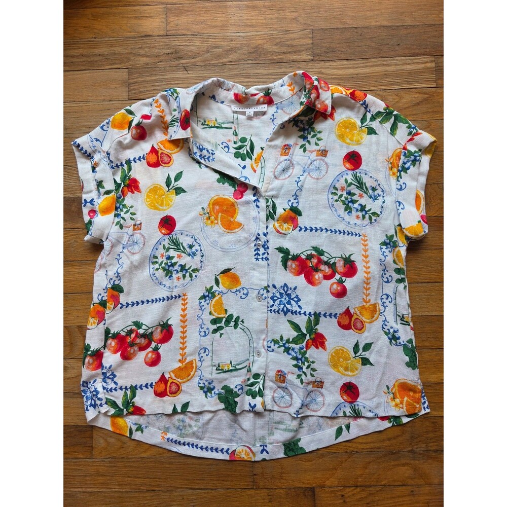 Women's Fruit Print Button-Down Short Sleeve Blouse size medium jane + delancey